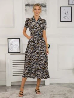 Danni Crepe Shirt Midi Dress, Blue Animal