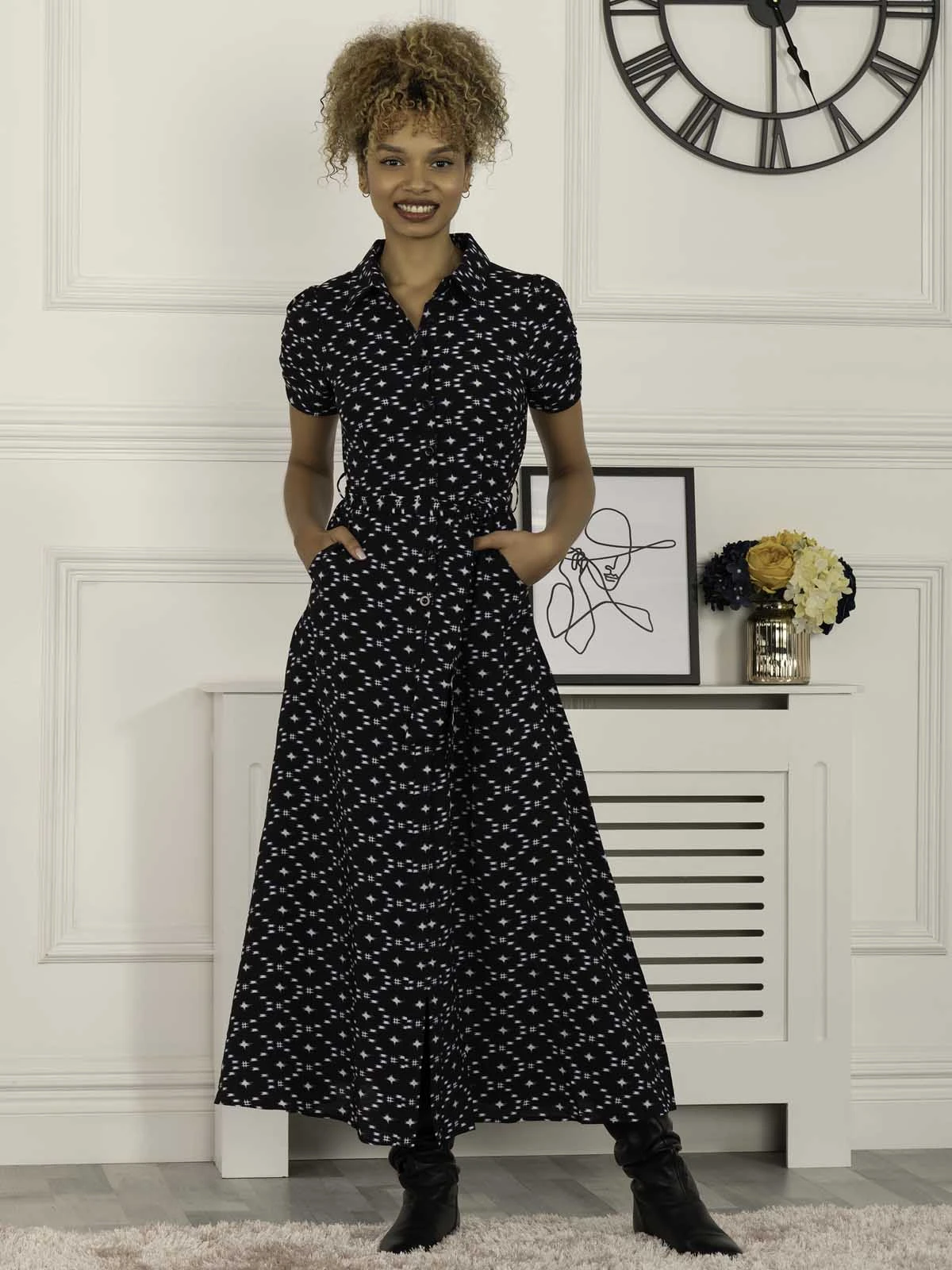 Danni Crepe Shirt Midi Dress, Navy Star 4 Danni Crepe Shirt Midi Dress, Navy Star - Image 4