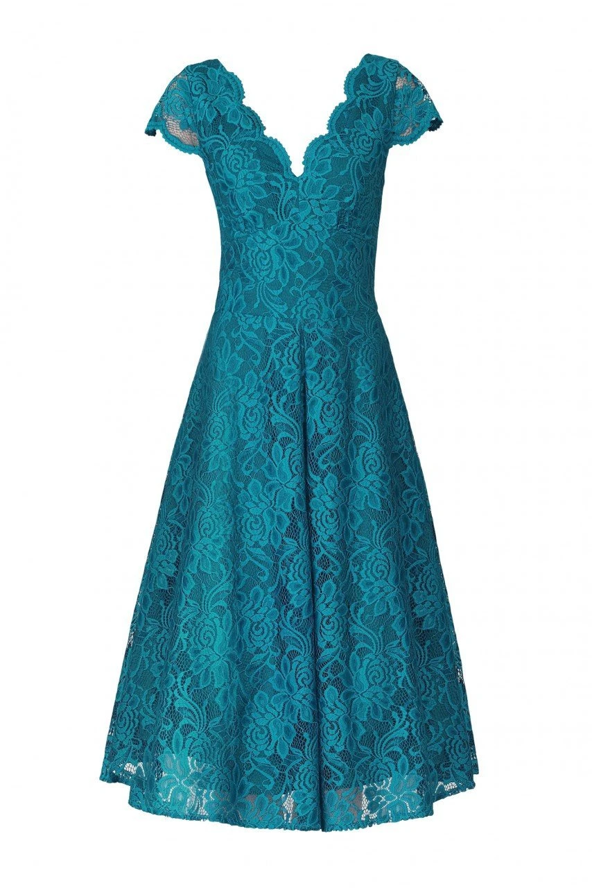 1950s Cap Sleeve Lace Prom Dress, Teal 1 1950s Cap Sleeve Lace Prom Dress, Teal