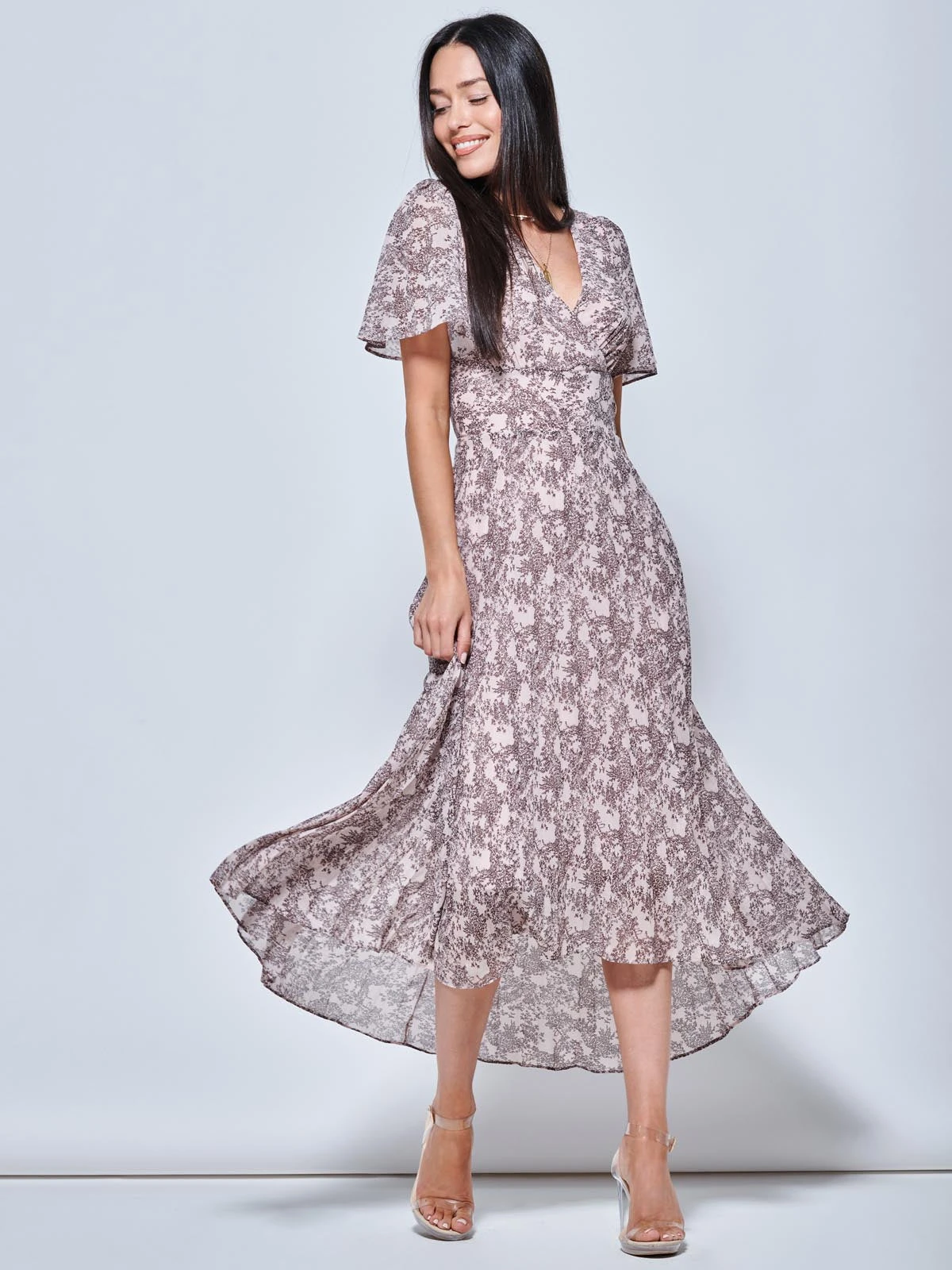 Chiffon Angel Sleeve Pleated Maxi Dress, Pink Multi 4 Chiffon Angel Sleeve Pleated Maxi Dress, Pink Multi - Image 4