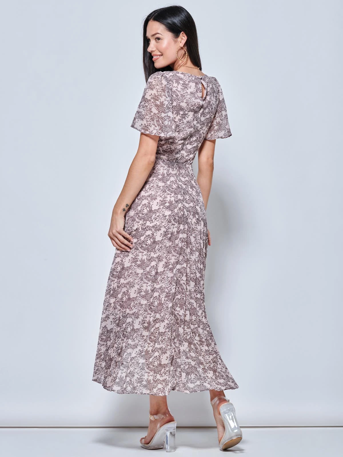 Chiffon Angel Sleeve Pleated Maxi Dress, Pink Multi 2 Chiffon Angel Sleeve Pleated Maxi Dress, Pink Multi - Image 2