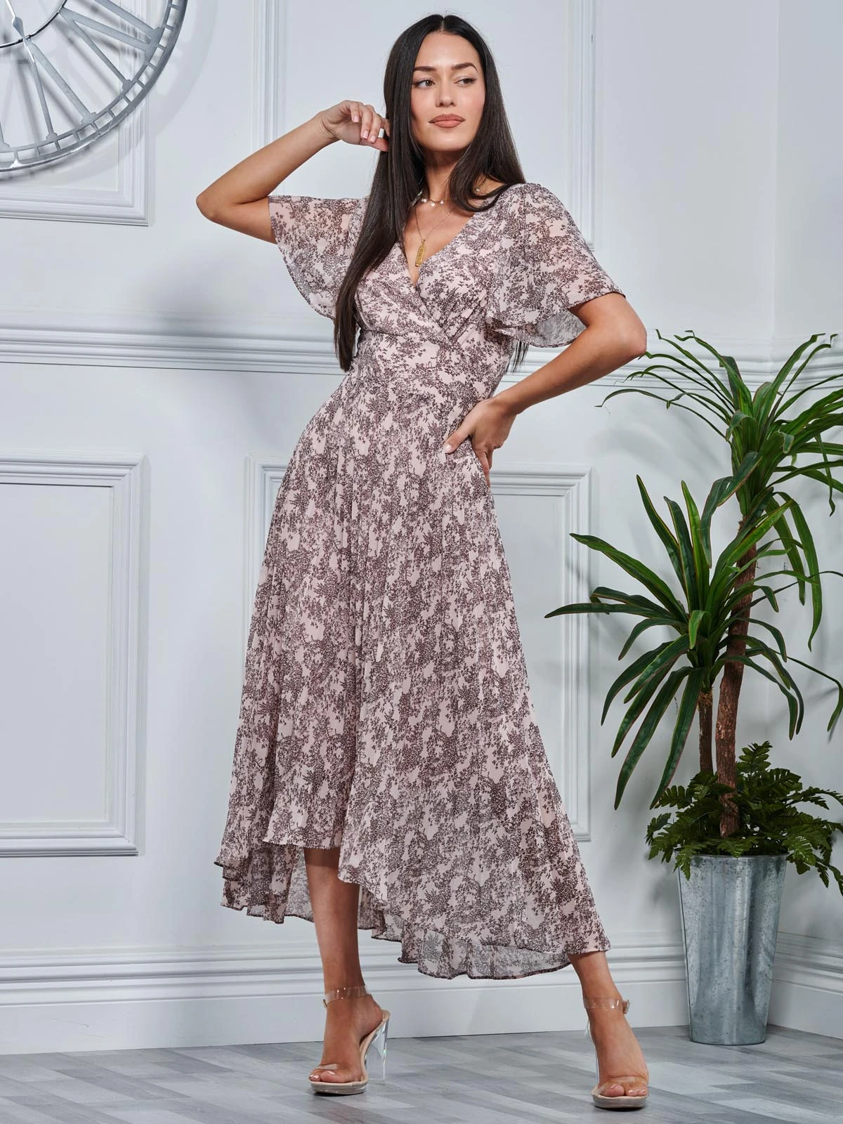 Chiffon Angel Sleeve Pleated Maxi Dress, Pink Multi 5 Chiffon Angel Sleeve Pleated Maxi Dress, Pink Multi - Image 5