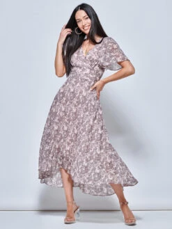 Chiffon Angel Sleeve Pleated Maxi Dress, Pink Multi