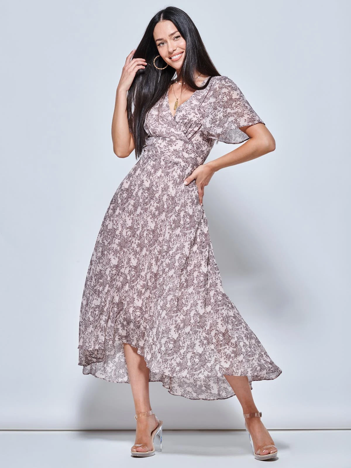 Chiffon Angel Sleeve Pleated Maxi Dress, Pink Multi 1 Chiffon Angel Sleeve Pleated Maxi Dress, Pink Multi