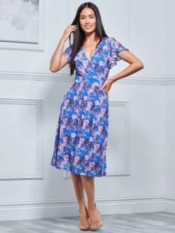 Jolie Moi Kaylynn Wrap Mesh Dress, Blue Floral