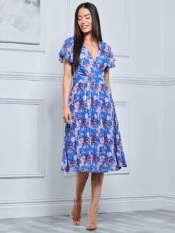 Jolie Moi Kaylynn Wrap Mesh Dress, Blue Floral -DORIA Clothing Shop 1032 BlueFloral 4