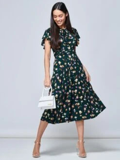 Jolie Moi Beverly Tie Neck Midi Dress, Green Floral -DORIA Clothing Shop 1239 18 GreenFloral 4