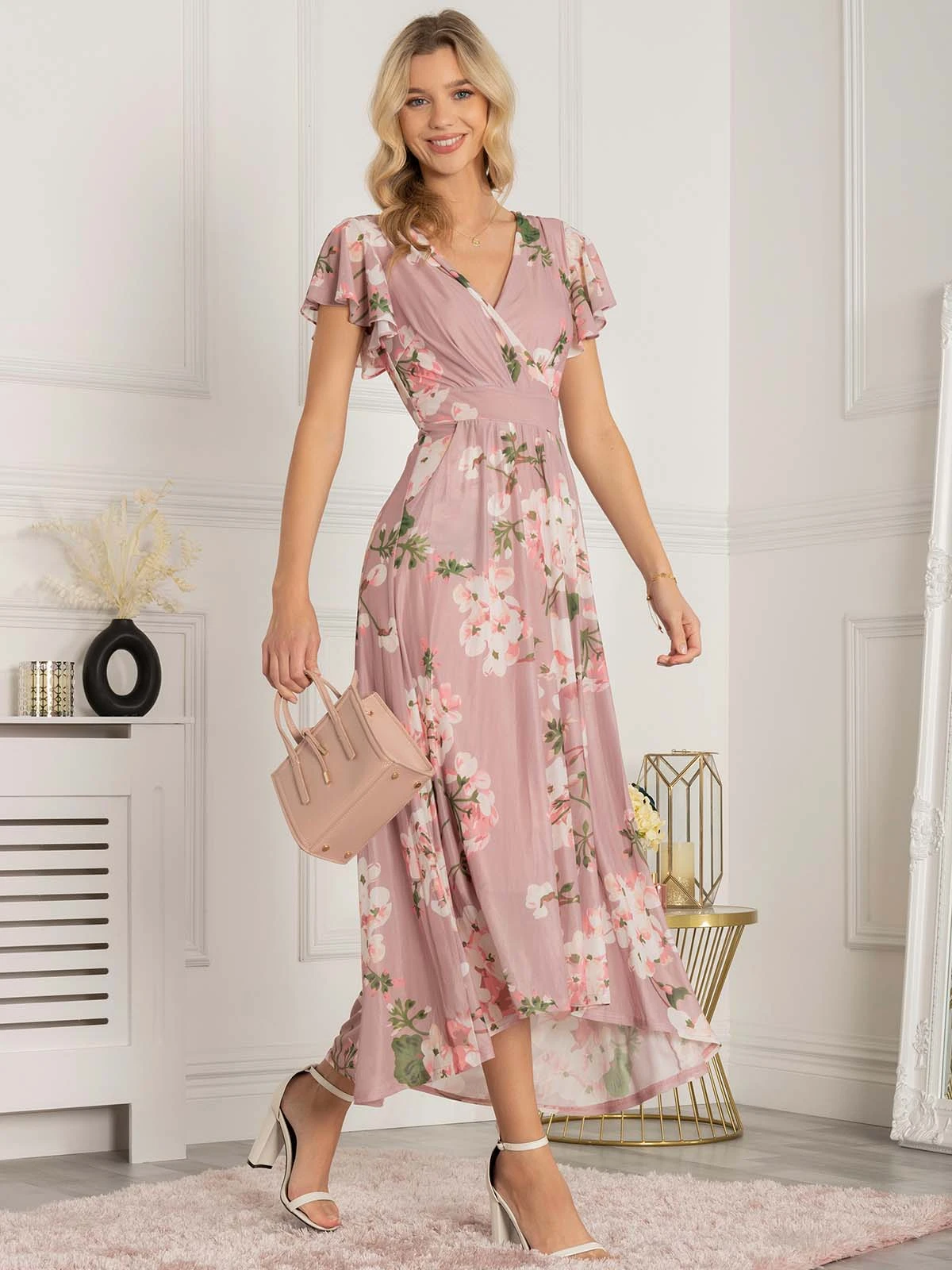 Jolie Moi Eleanor Wrap Mesh Maxi Dress, Pink Floral 8 Jolie Moi Eleanor Wrap Mesh Maxi Dress, Pink Floral - Image 8
