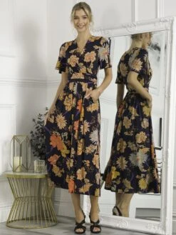 Sherya Jersey Angel Sleeve Maxi Dress, Navy Orange Floral 9 Sherya Jersey Angel Sleeve Maxi Dress, Navy Orange Floral -DORIA Clothing Shop 137 2389 NavyOrangeFloral 1