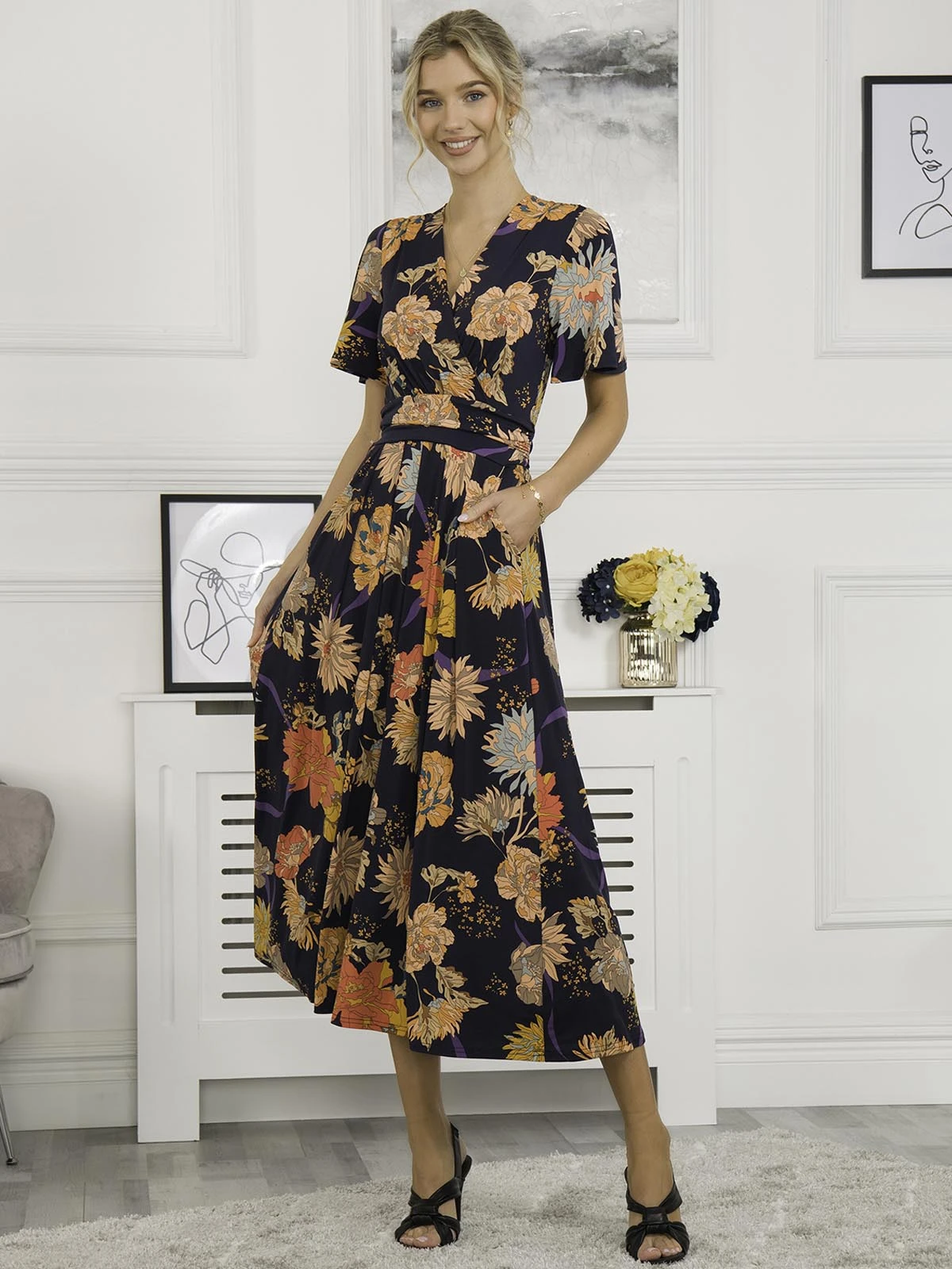 Sherya Jersey Angel Sleeve Maxi Dress, Navy Orange Floral 1 Sherya Jersey Angel Sleeve Maxi Dress, Navy Orange Floral