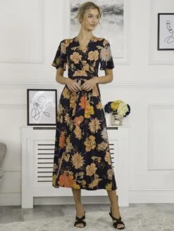 Sherya Jersey Angel Sleeve Maxi Dress, Navy Orange Floral 8 Sherya Jersey Angel Sleeve Maxi Dress, Navy Orange Floral -DORIA Clothing Shop 137 2389 NavyOrangeFloral 3