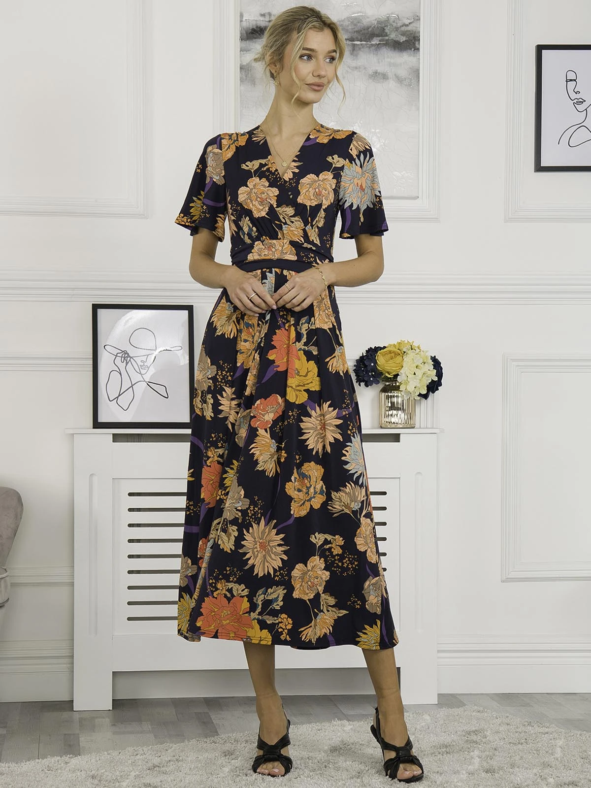 Sherya Jersey Angel Sleeve Maxi Dress, Navy Orange Floral 4 Sherya Jersey Angel Sleeve Maxi Dress, Navy Orange Floral - Image 4