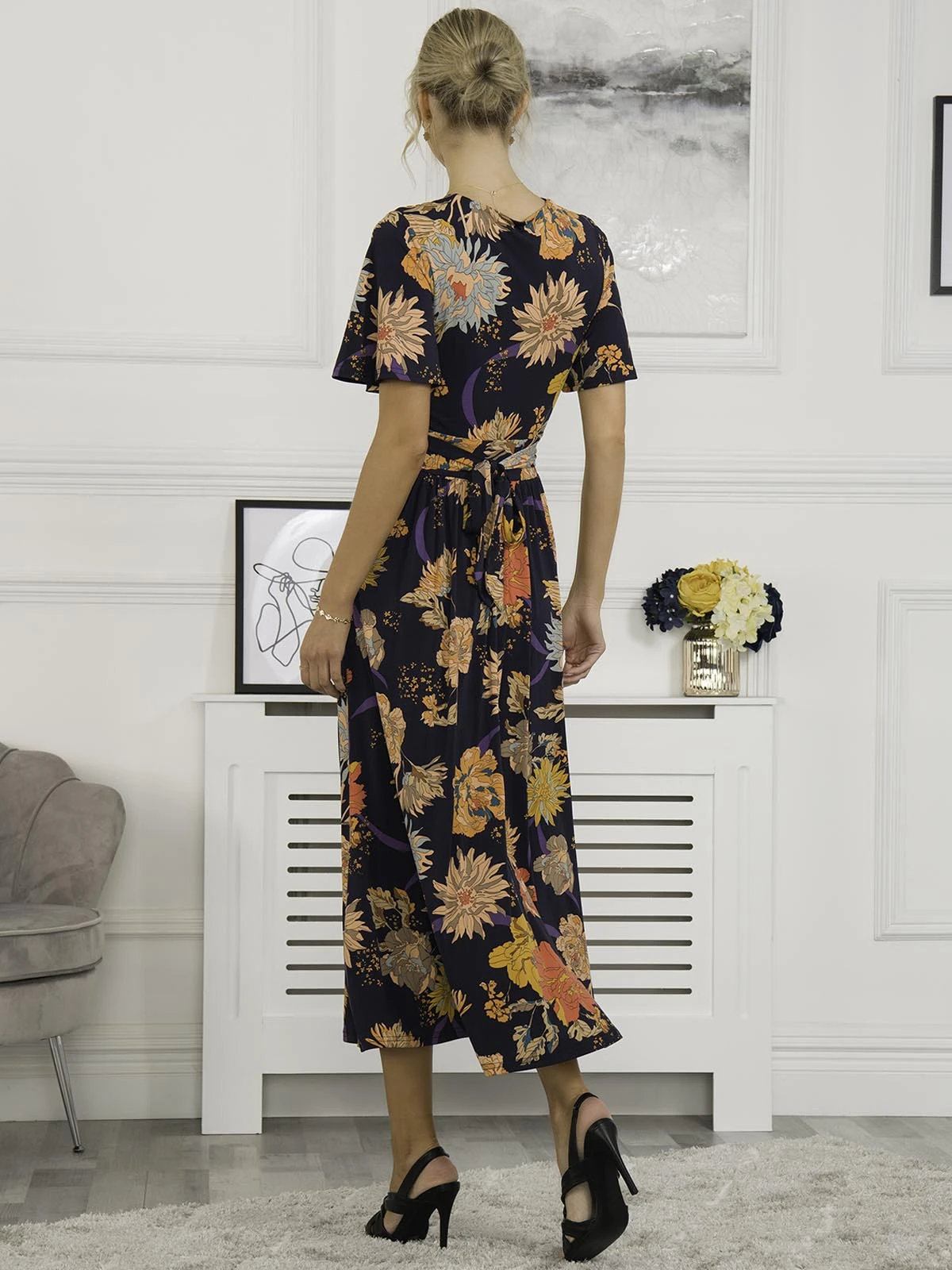 Sherya Jersey Angel Sleeve Maxi Dress, Navy Orange Floral 2 Sherya Jersey Angel Sleeve Maxi Dress, Navy Orange Floral - Image 2