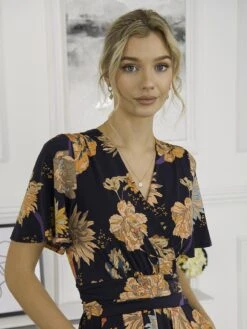 Sherya Jersey Angel Sleeve Maxi Dress, Navy Orange Floral 7 Sherya Jersey Angel Sleeve Maxi Dress, Navy Orange Floral -DORIA Clothing Shop 137 2389 NavyOrangeFloral 5