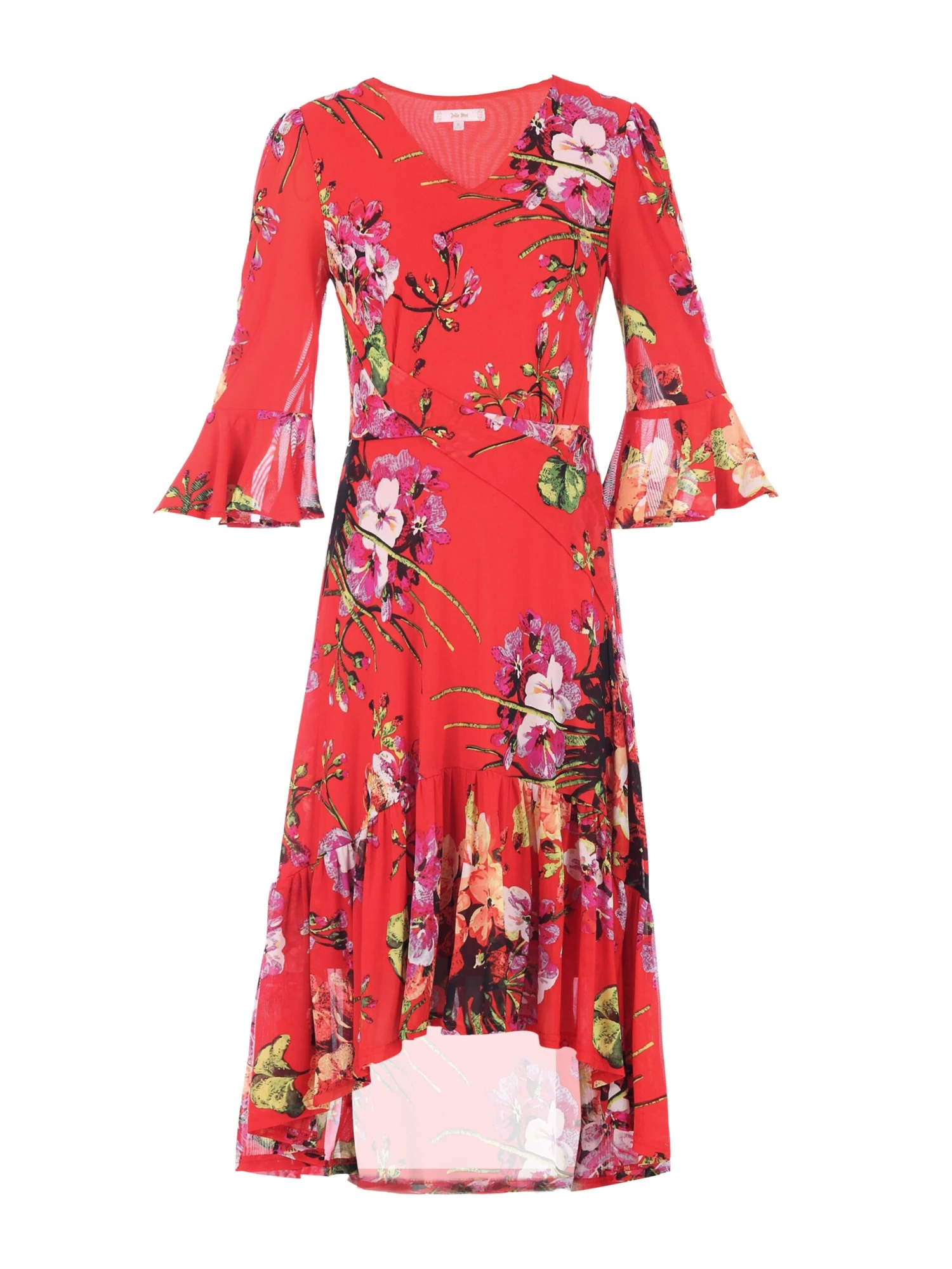 Jolie Moi Dipped Hem Mesh Midi Dress, Red Floral 6 Jolie Moi Dipped Hem Mesh Midi Dress, Red Floral - Image 6