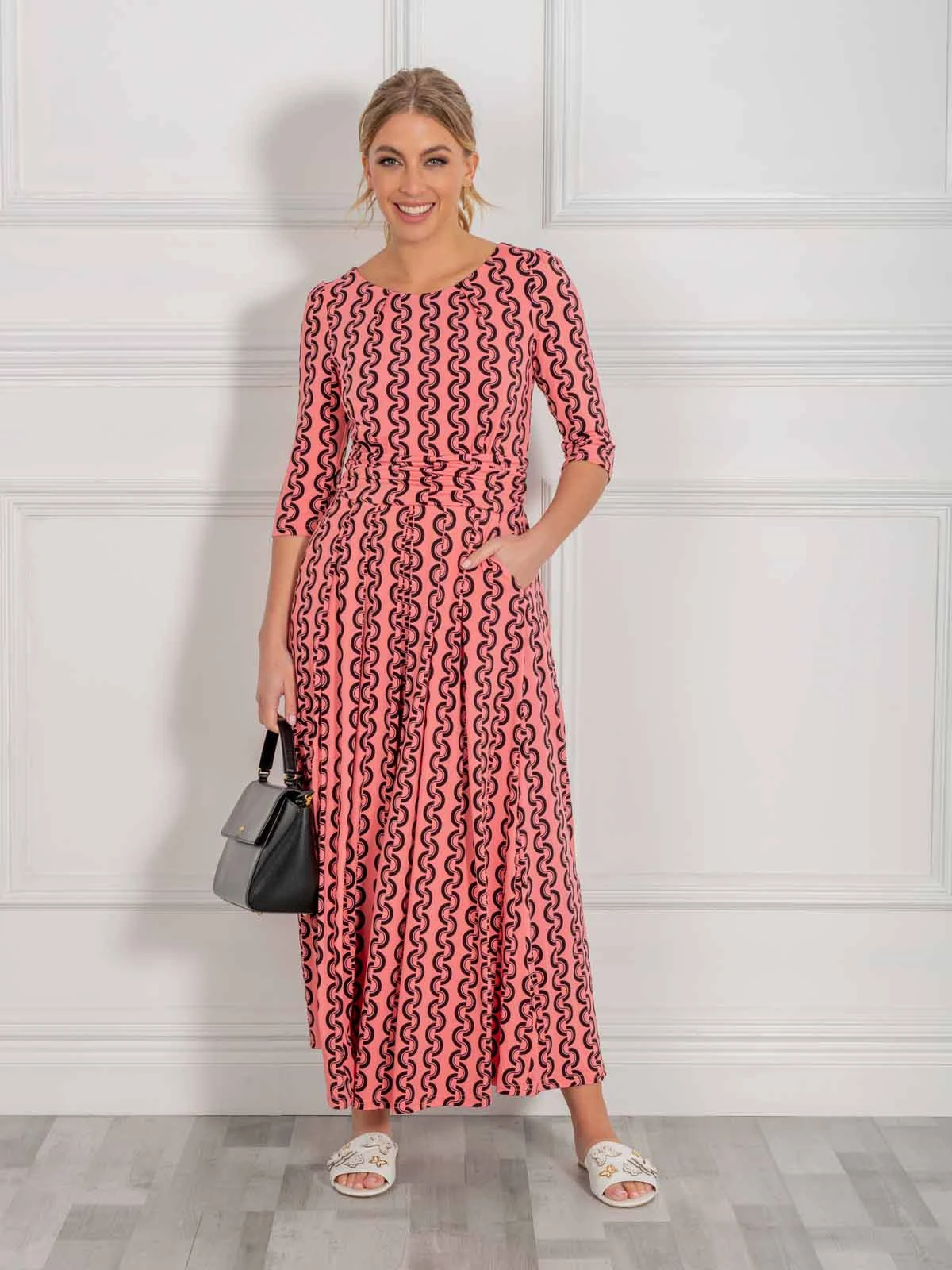 Jolie Moi Cierra 3/4 Sleeve Maxi Dress, Coral Pink 3 Jolie Moi Cierra 3/4 Sleeve Maxi Dress, Coral Pink - Image 3