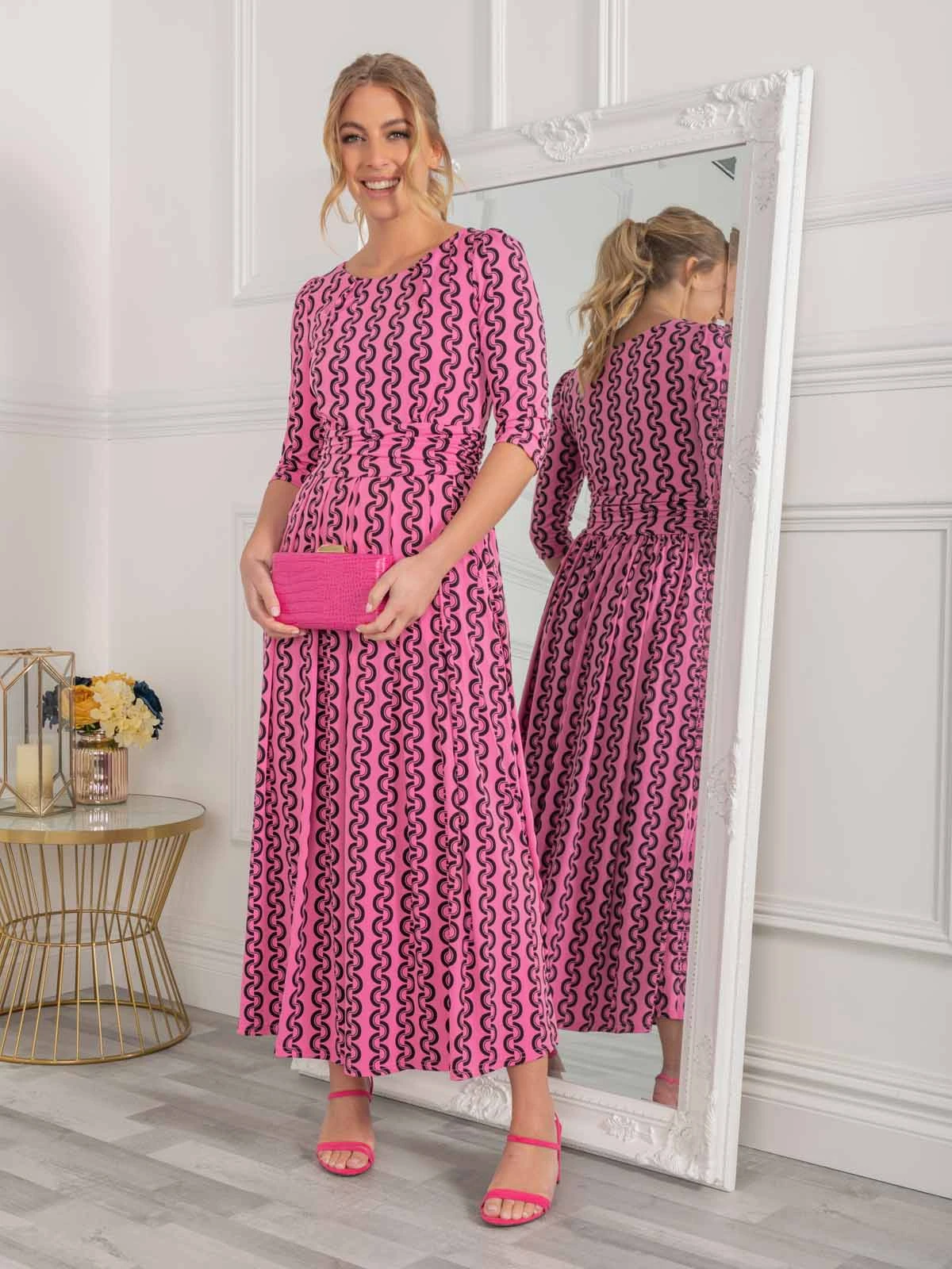 Jolie Moi Cierra 3/4 Sleeve Maxi Dress, Hot Pink 1 Jolie Moi Cierra 3/4 Sleeve Maxi Dress, Hot Pink