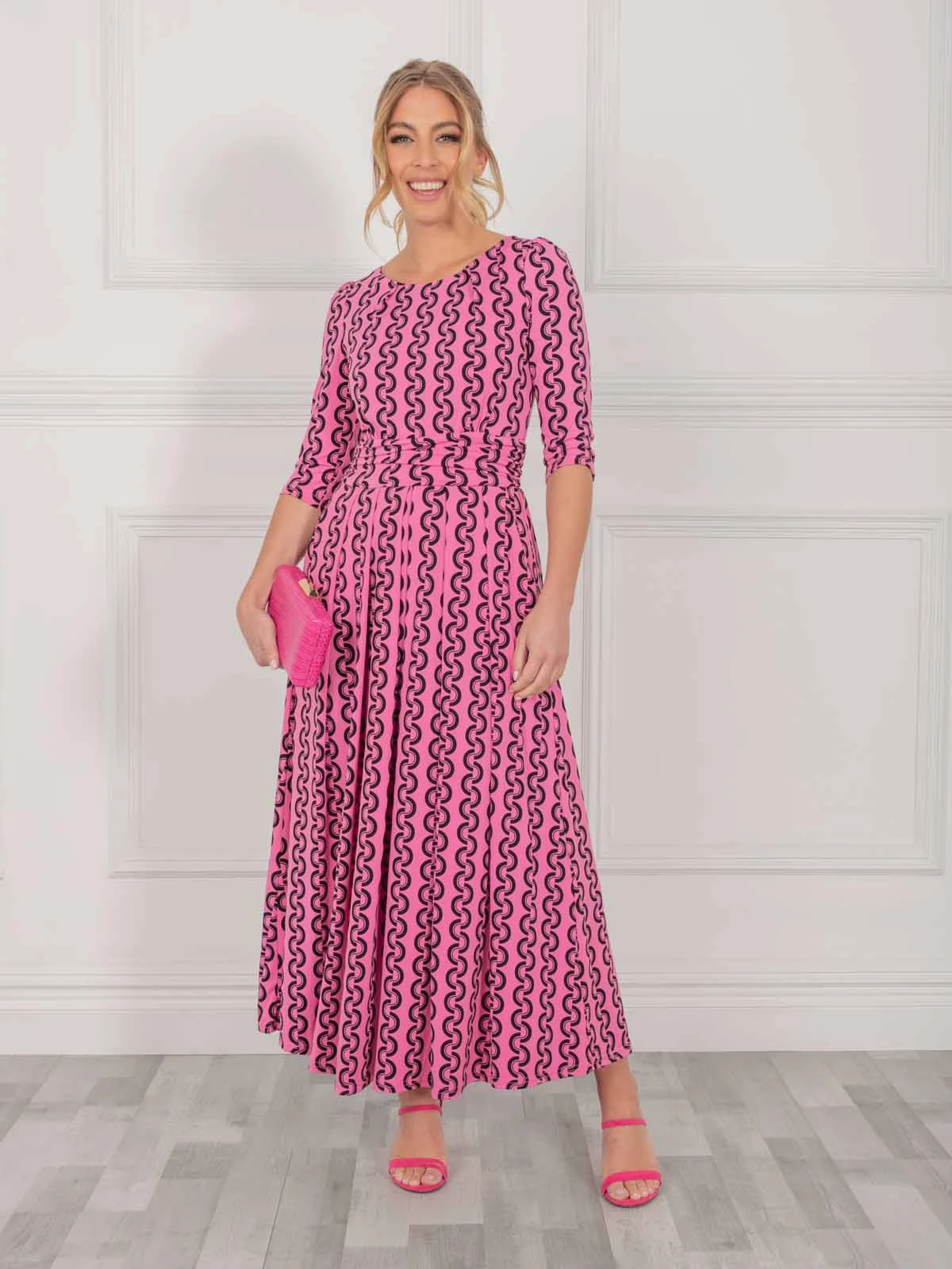 Jolie Moi Cierra 3/4 Sleeve Maxi Dress, Hot Pink 3 Jolie Moi Cierra 3/4 Sleeve Maxi Dress, Hot Pink - Image 3