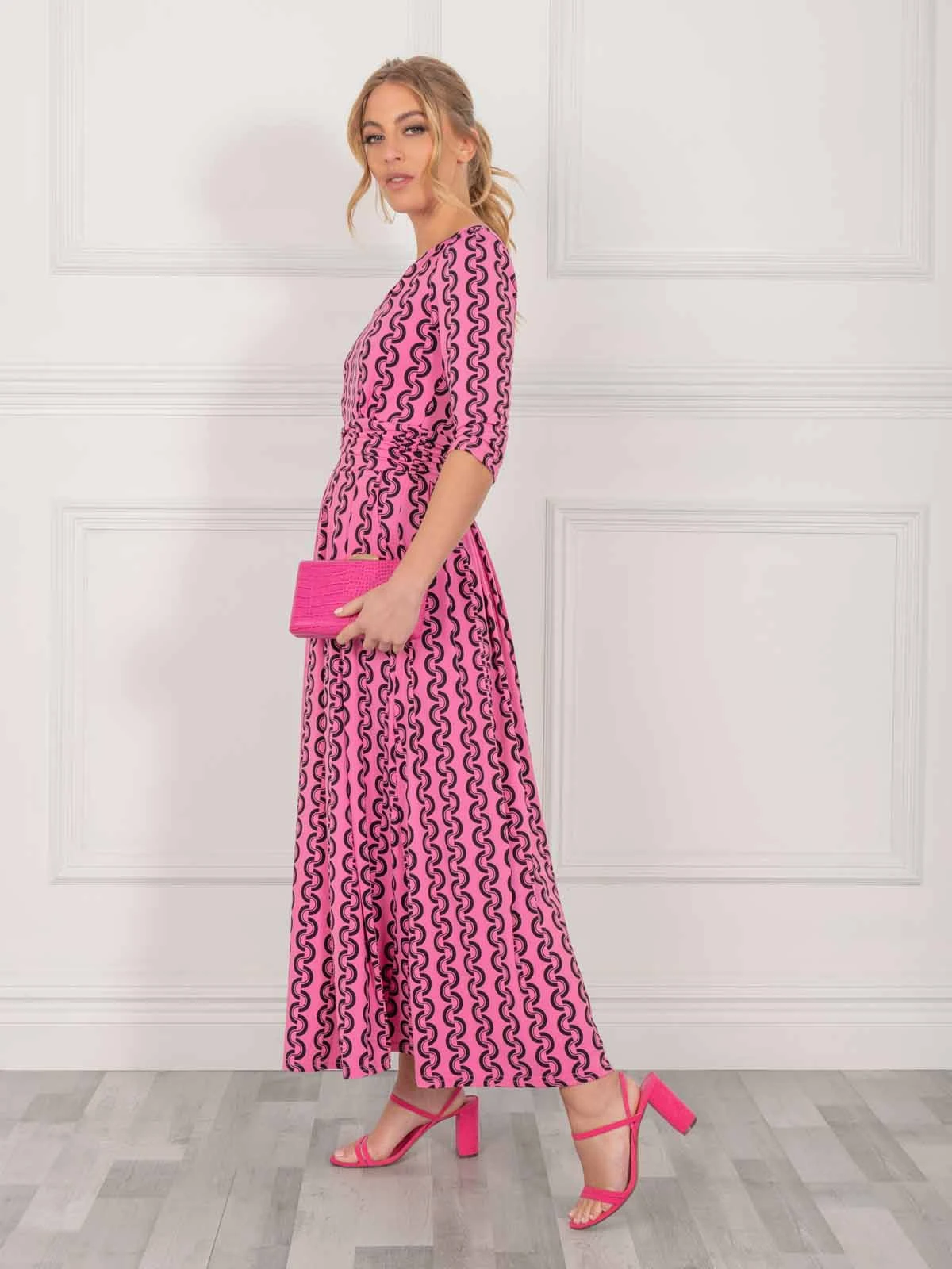 Jolie Moi Cierra 3/4 Sleeve Maxi Dress, Hot Pink 4 Jolie Moi Cierra 3/4 Sleeve Maxi Dress, Hot Pink - Image 4