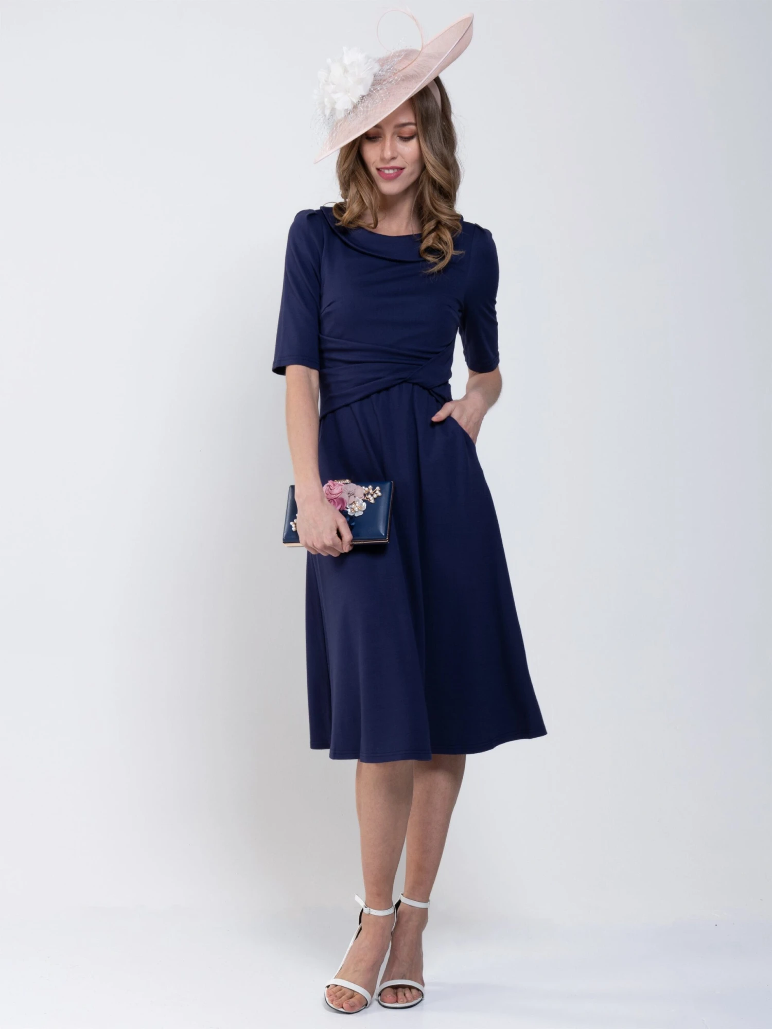 Jolie Moi Roll Collar 50s Dress, Navy 1 Jolie Moi Roll Collar 50s Dress, Navy