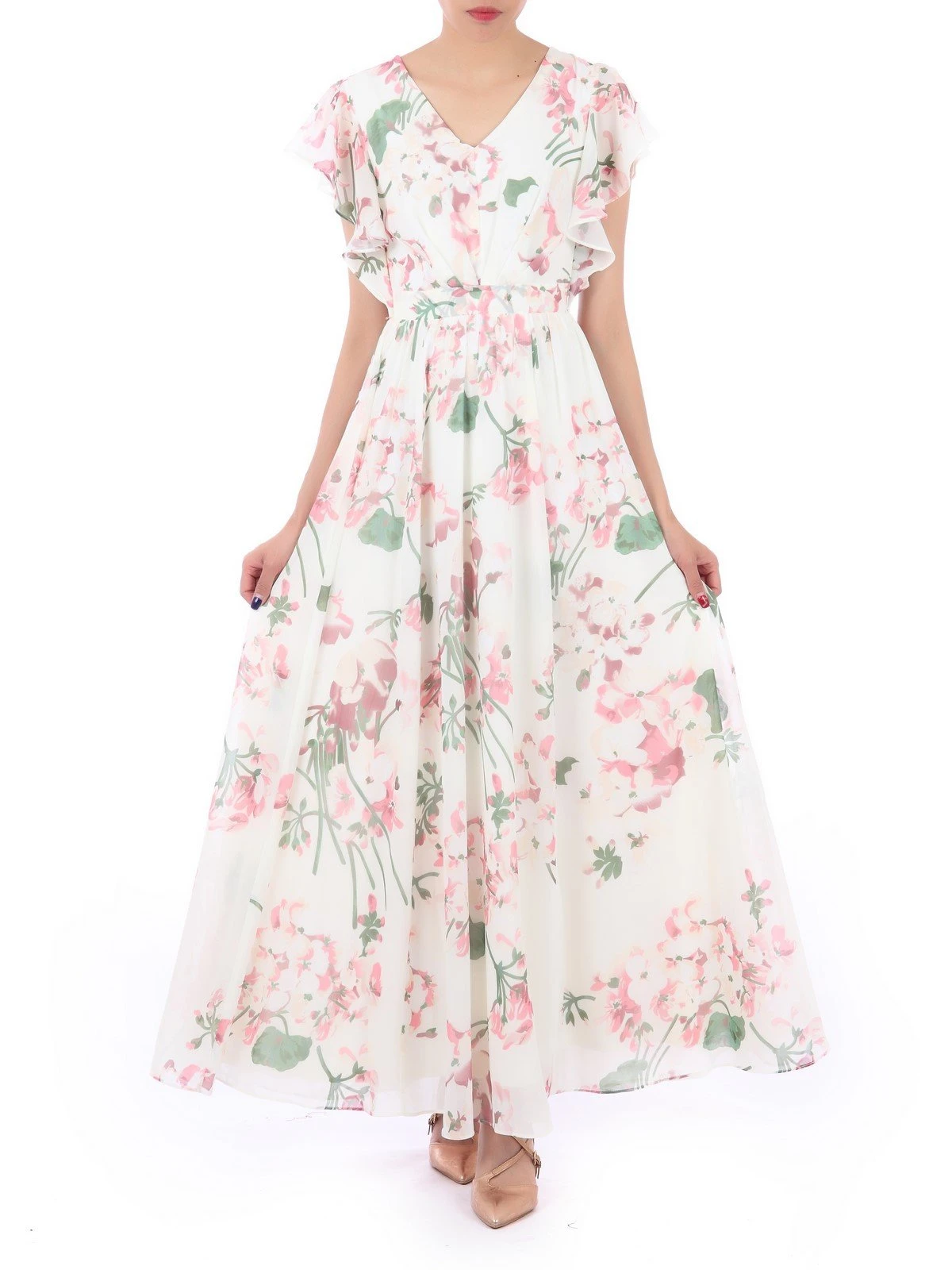 Ruffle Sleeved Chiffon Maxi Dress, Cream Floral 4 Ruffle Sleeved Chiffon Maxi Dress, Cream Floral - Image 4