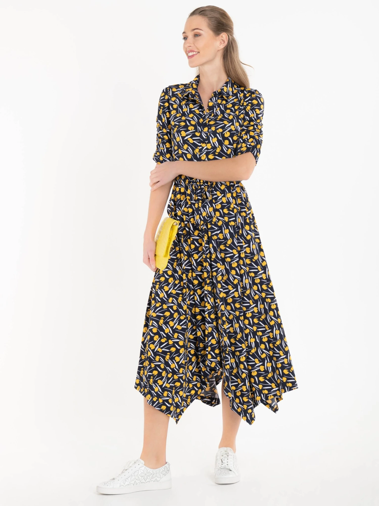 Jolie Moi Handkerchief Hem Shirt Dress, Yellow/Multi 1 Jolie Moi Handkerchief Hem Shirt Dress, Yellow/Multi