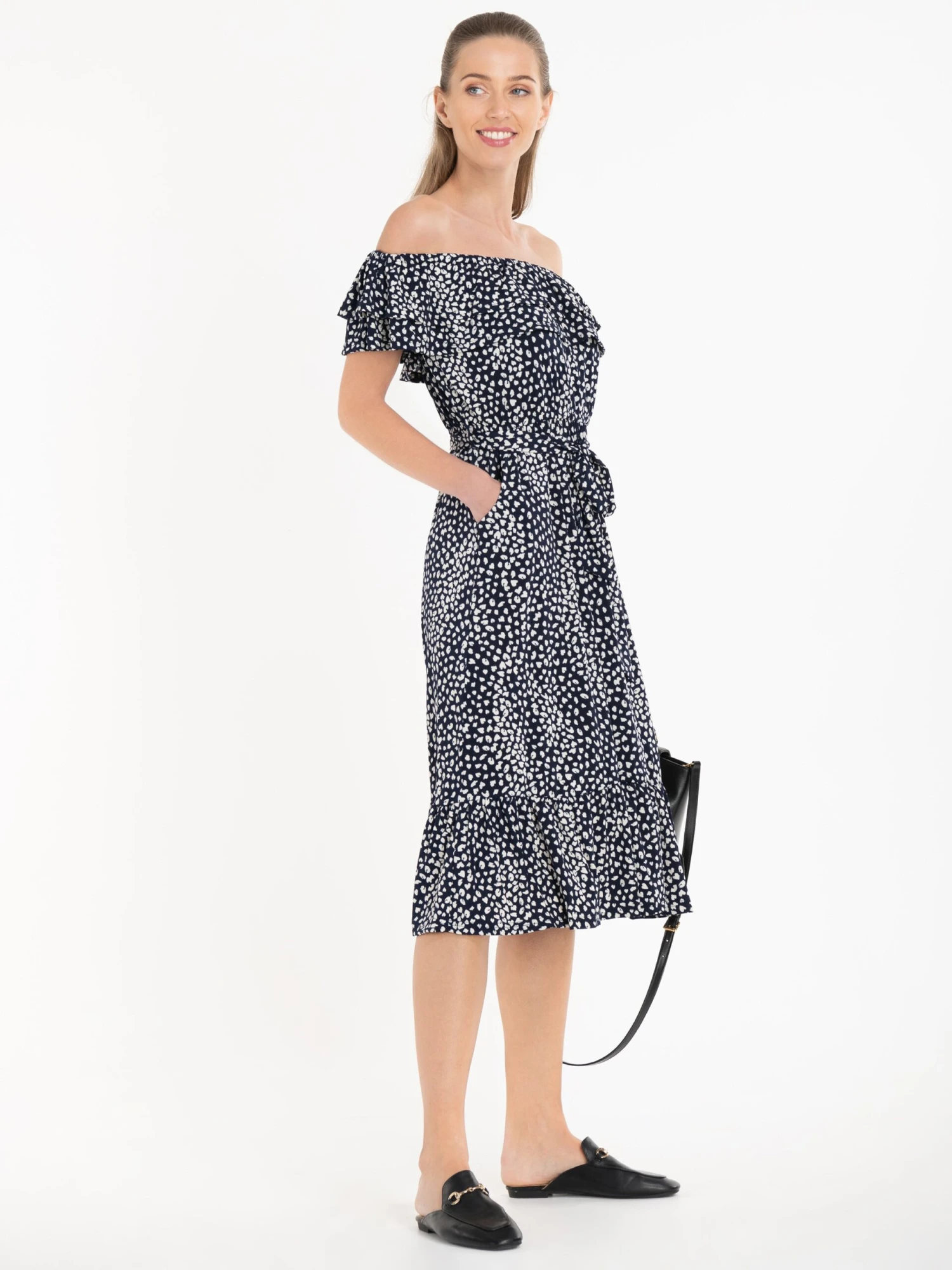 Jolie Moi Abstract Spot Ruffle Midi Dress, Navy Animal 2 Jolie Moi Abstract Spot Ruffle Midi Dress, Navy Animal - Image 2
