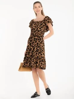 Jolie Moi Printed Ruffle Dress, Brown Animal