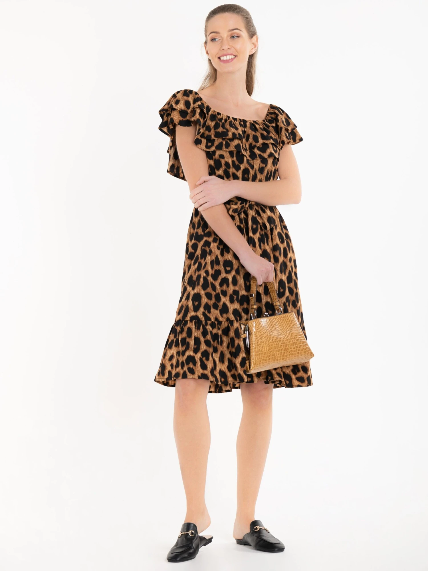 Jolie Moi Printed Ruffle Dress, Brown Animal 3 Jolie Moi Printed Ruffle Dress, Brown Animal - Image 3