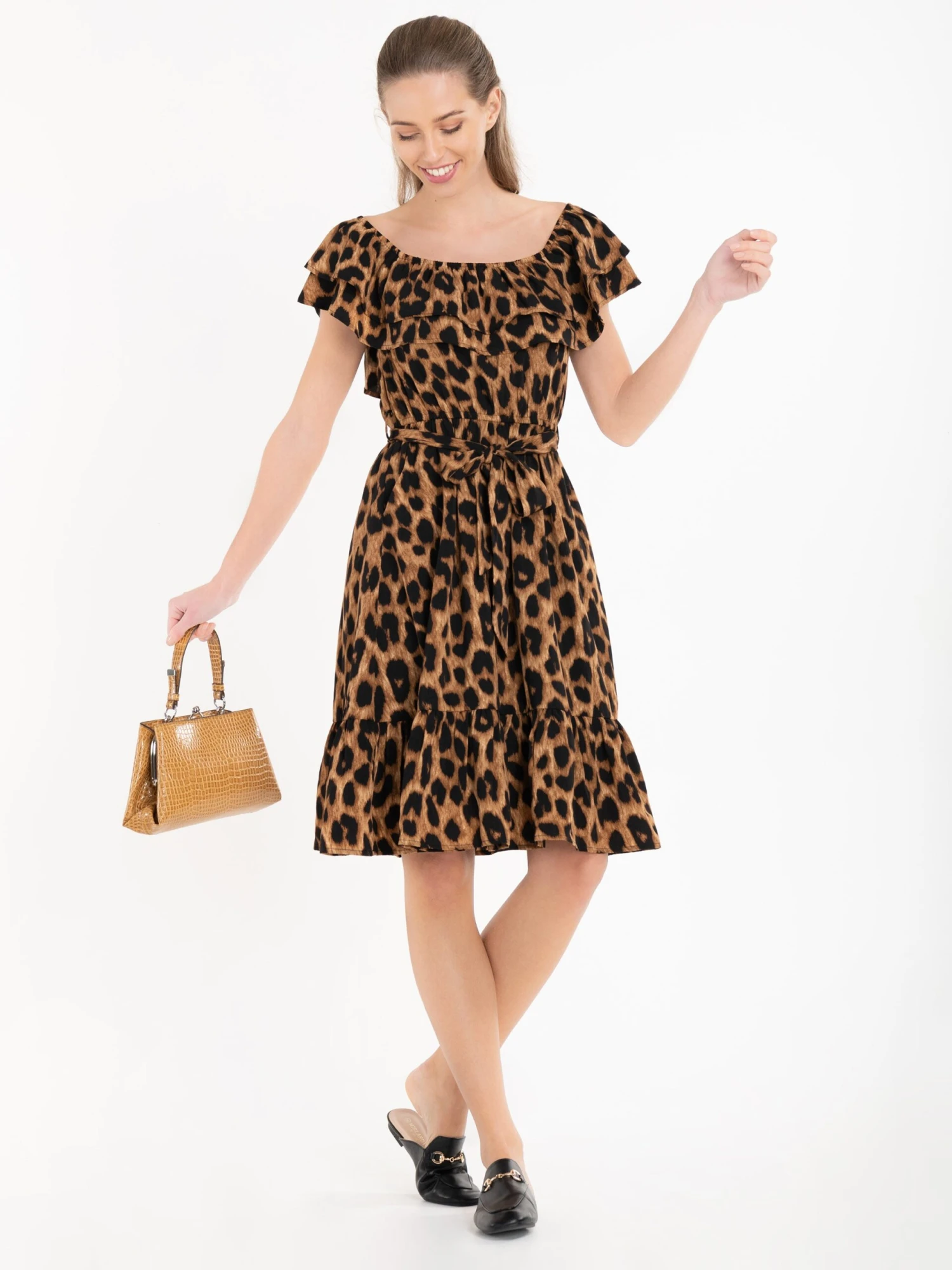 Jolie Moi Printed Ruffle Dress, Brown Animal 2 Jolie Moi Printed Ruffle Dress, Brown Animal - Image 2