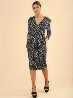 Jolie Moi - Wrap Front Midi Dress, Black Leafy