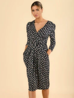 Jolie Moi - Wrap Front Midi Dress, Black Leafy 7 Jolie Moi - Wrap Front Midi Dress, Black Leafy -DORIA Clothing Shop 2012 23 NavyPattern 2