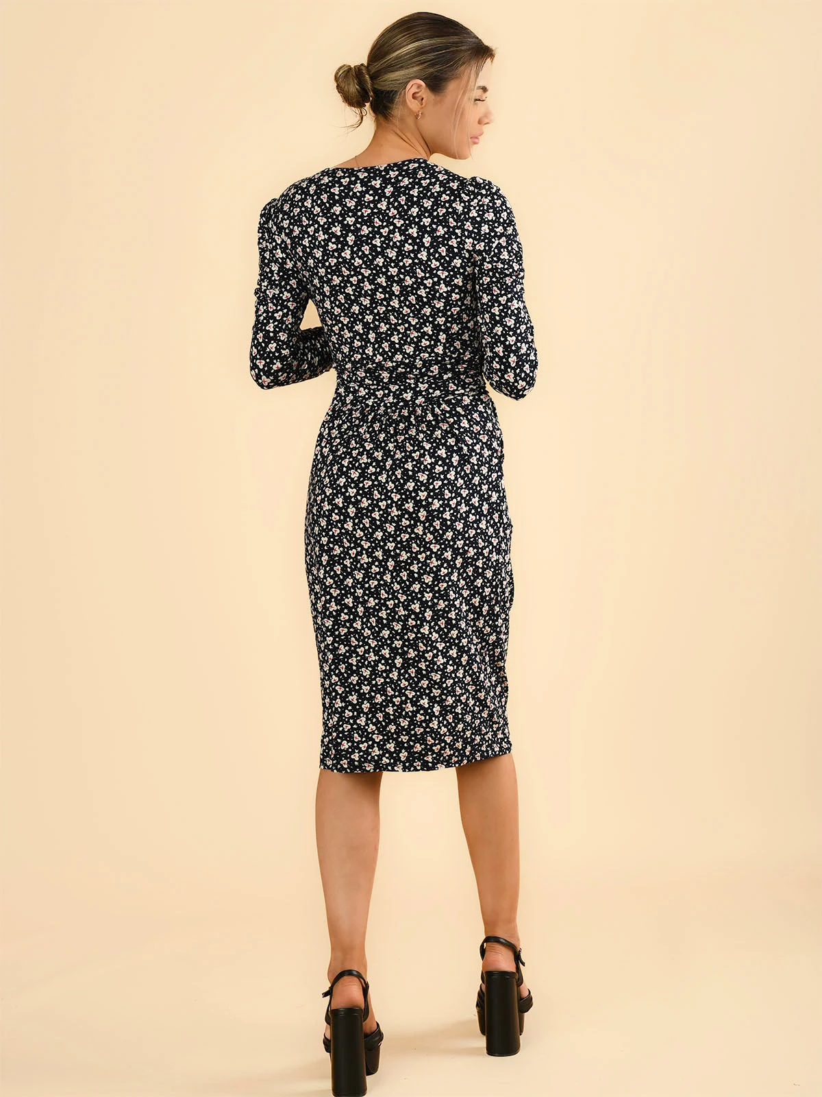 Jolie Moi - Wrap Front Midi Dress, Black Leafy 2 Jolie Moi - Wrap Front Midi Dress, Black Leafy - Image 2