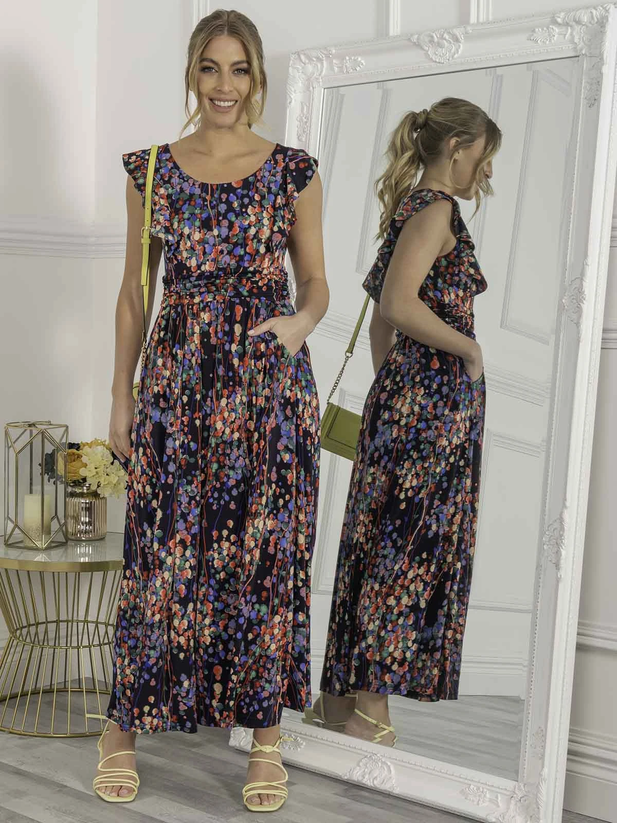 Jolie Moi Adalena Frill Shoulder Maxi Dress, Navy Multi 1 Jolie Moi Adalena Frill Shoulder Maxi Dress, Navy Multi