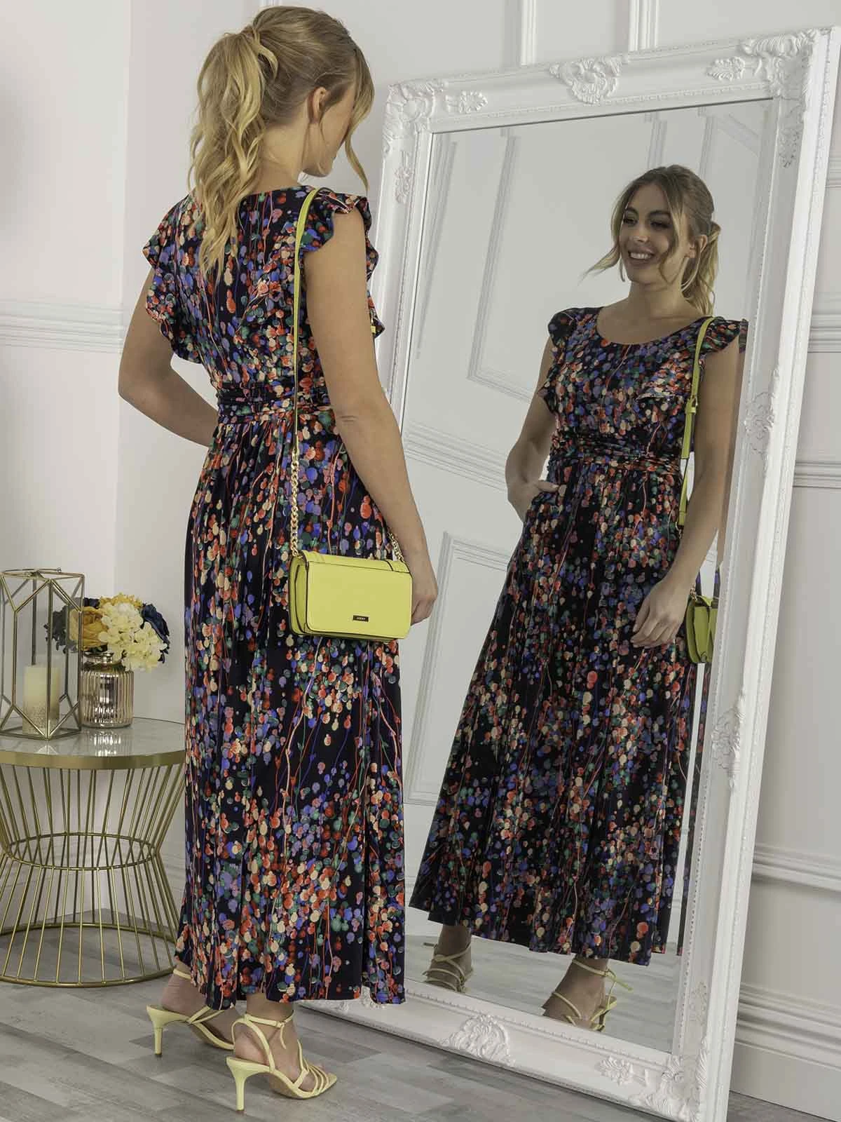 Jolie Moi Adalena Frill Shoulder Maxi Dress, Navy Multi 2 Jolie Moi Adalena Frill Shoulder Maxi Dress, Navy Multi - Image 2