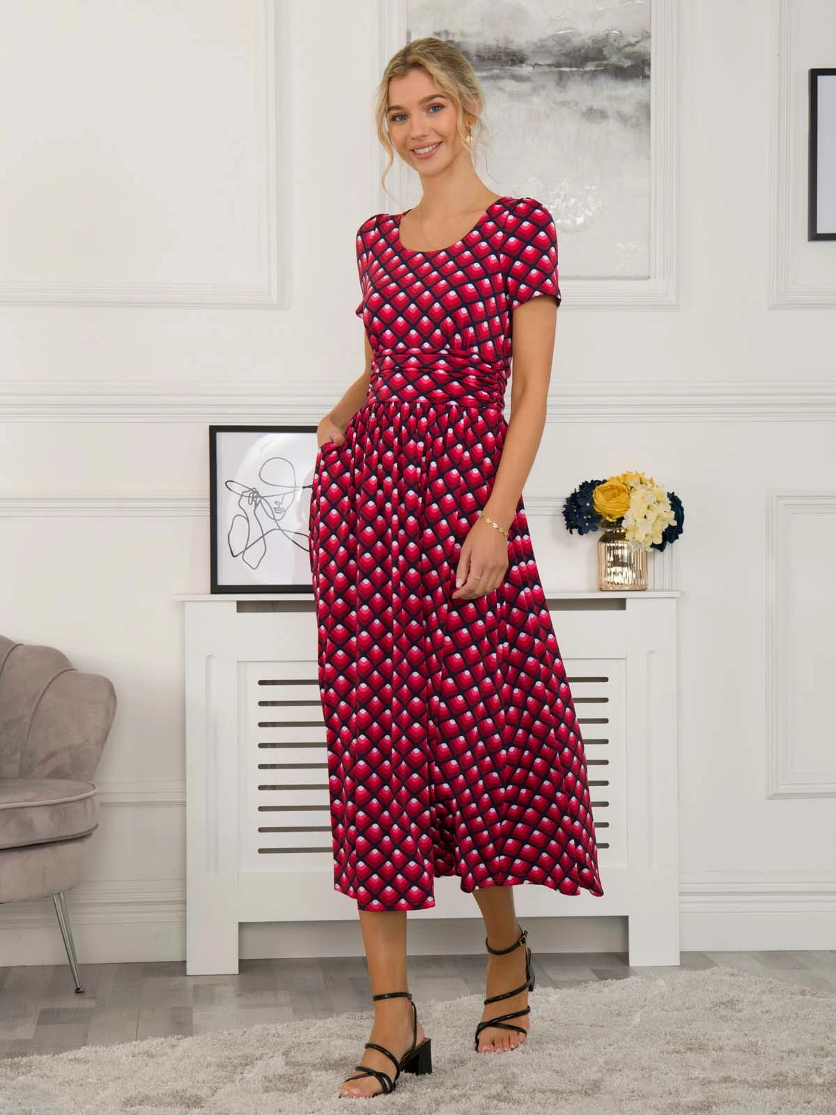 Danna Scoop Neck Dress, Red Geo 3 Danna Scoop Neck Dress, Red Geo - Image 3