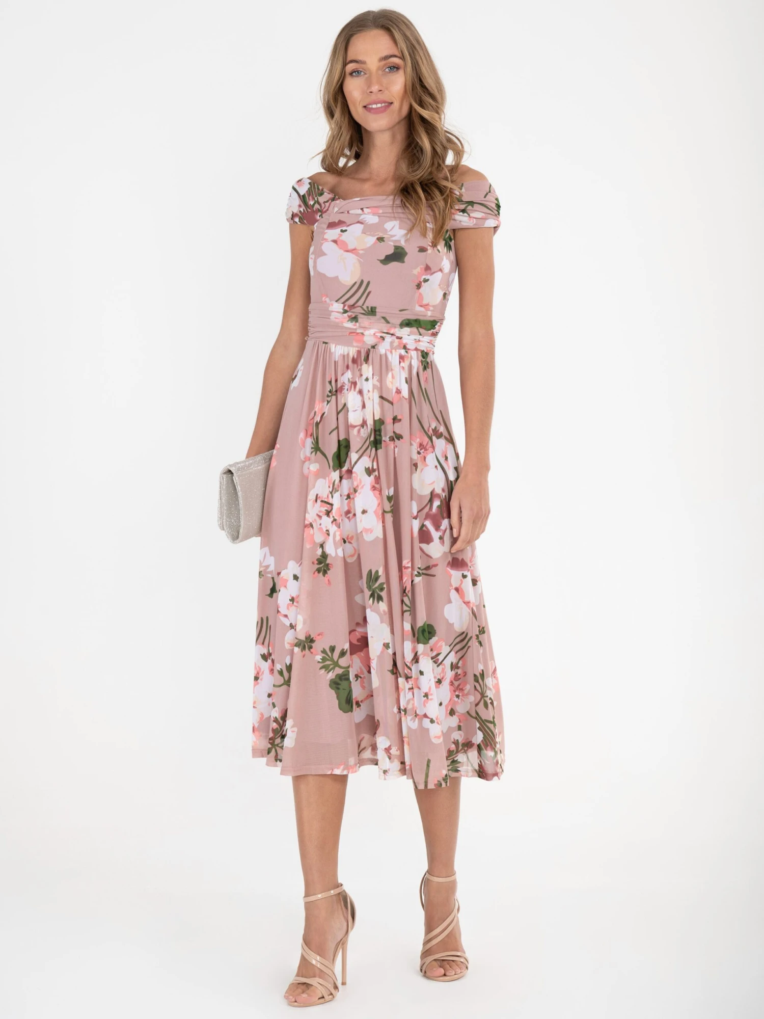 Jolie Moi Bardot Floral Mesh Midi Dress, Pink Floral 8 Jolie Moi Bardot Floral Mesh Midi Dress, Pink Floral - Image 8