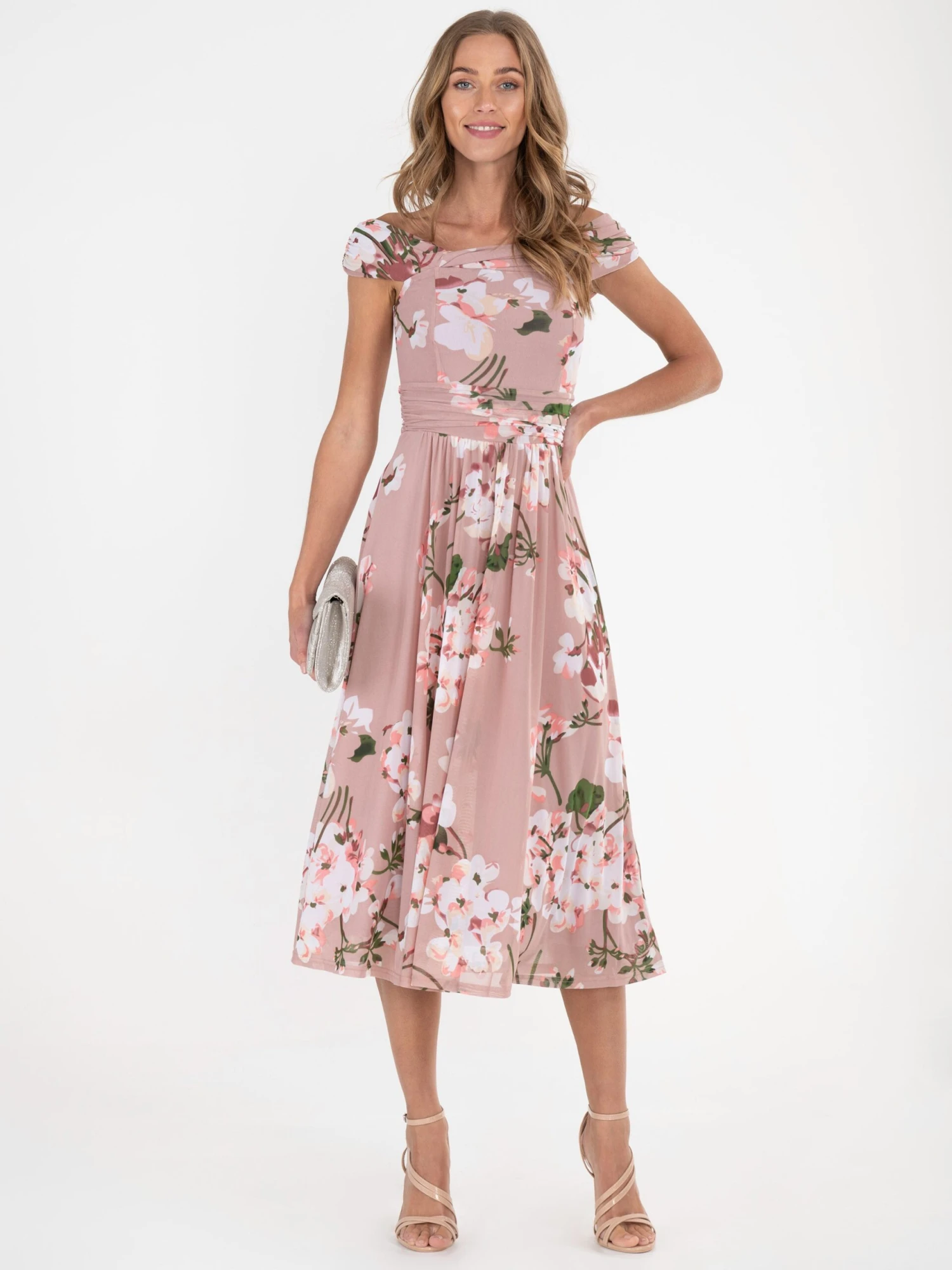 Jolie Moi Bardot Floral Mesh Midi Dress, Pink Floral 1 Jolie Moi Bardot Floral Mesh Midi Dress, Pink Floral