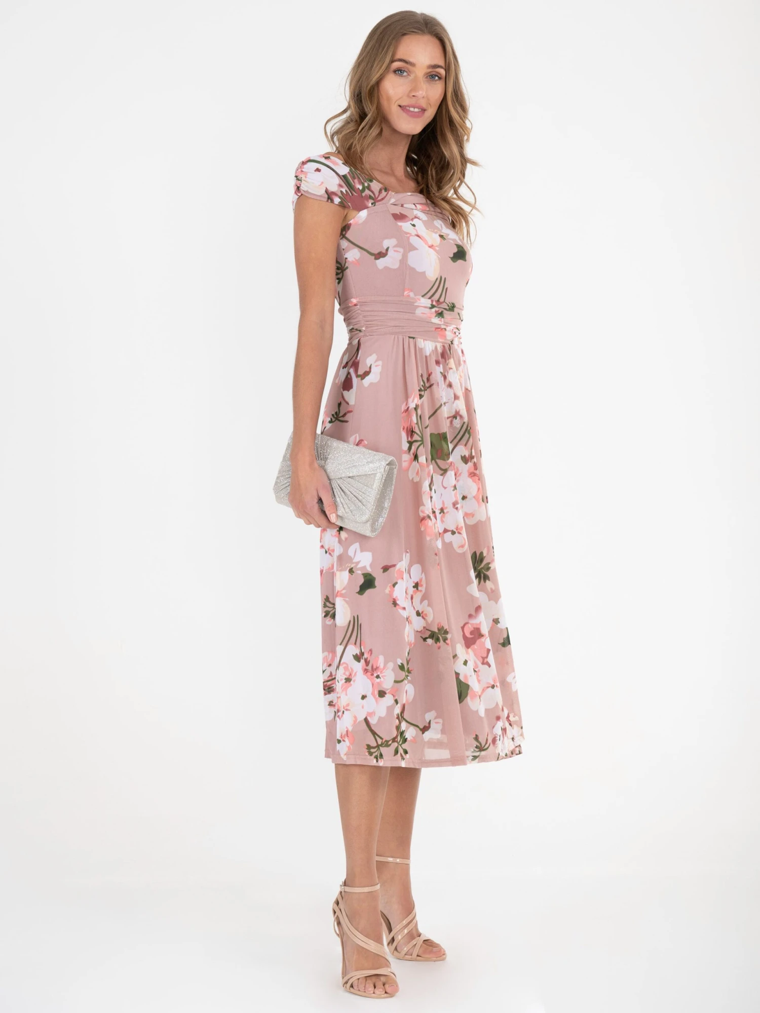 Jolie Moi Bardot Floral Mesh Midi Dress, Pink Floral 2 Jolie Moi Bardot Floral Mesh Midi Dress, Pink Floral - Image 2
