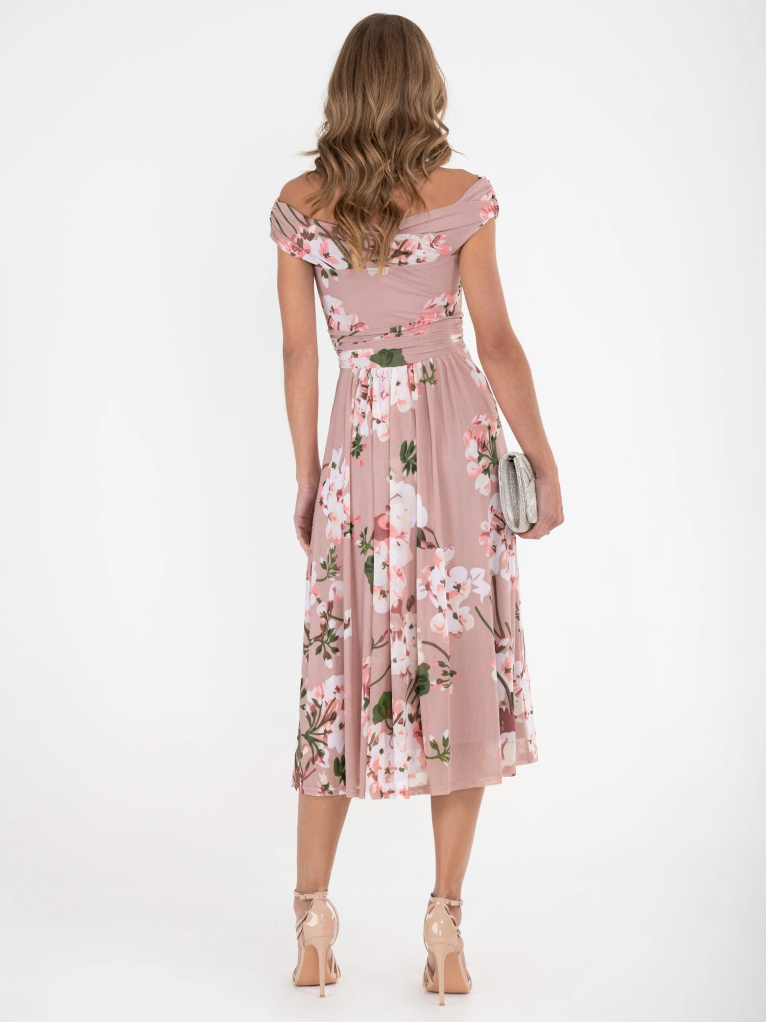 Jolie Moi Bardot Floral Mesh Midi Dress, Pink Floral 3 Jolie Moi Bardot Floral Mesh Midi Dress, Pink Floral - Image 3