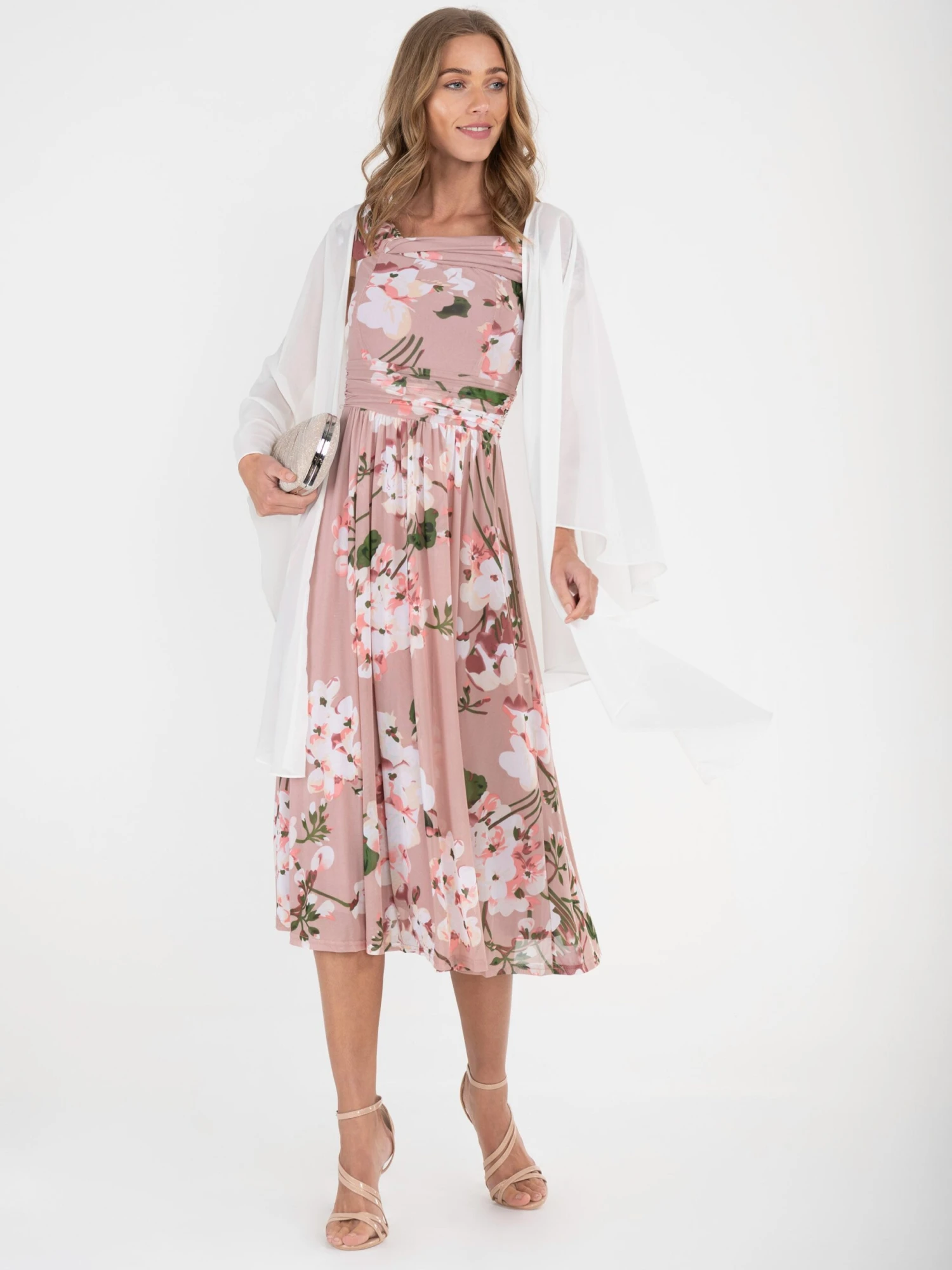 Jolie Moi Bardot Floral Mesh Midi Dress, Pink Floral 5 Jolie Moi Bardot Floral Mesh Midi Dress, Pink Floral - Image 5