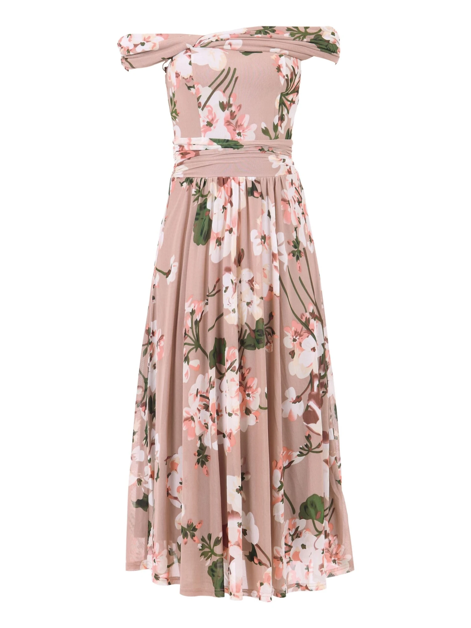 Jolie Moi Bardot Floral Mesh Midi Dress, Pink Floral 6 Jolie Moi Bardot Floral Mesh Midi Dress, Pink Floral - Image 6