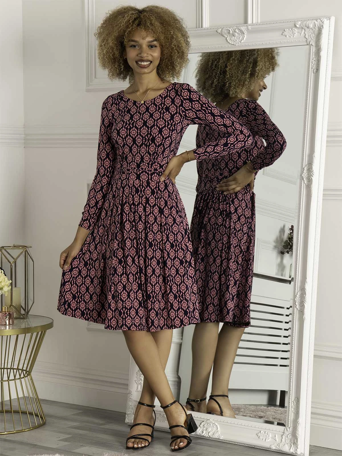 Kalani Long Sleeve Midi Dress, Navy Geo 1 Kalani Long Sleeve Midi Dress, Navy Geo