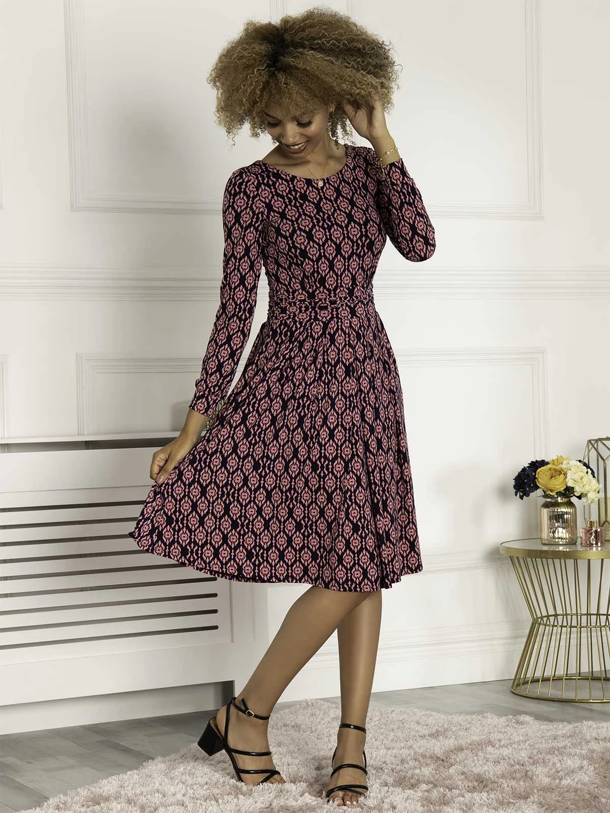 Kalani Long Sleeve Midi Dress, Navy Geo 4 Kalani Long Sleeve Midi Dress, Navy Geo - Image 4