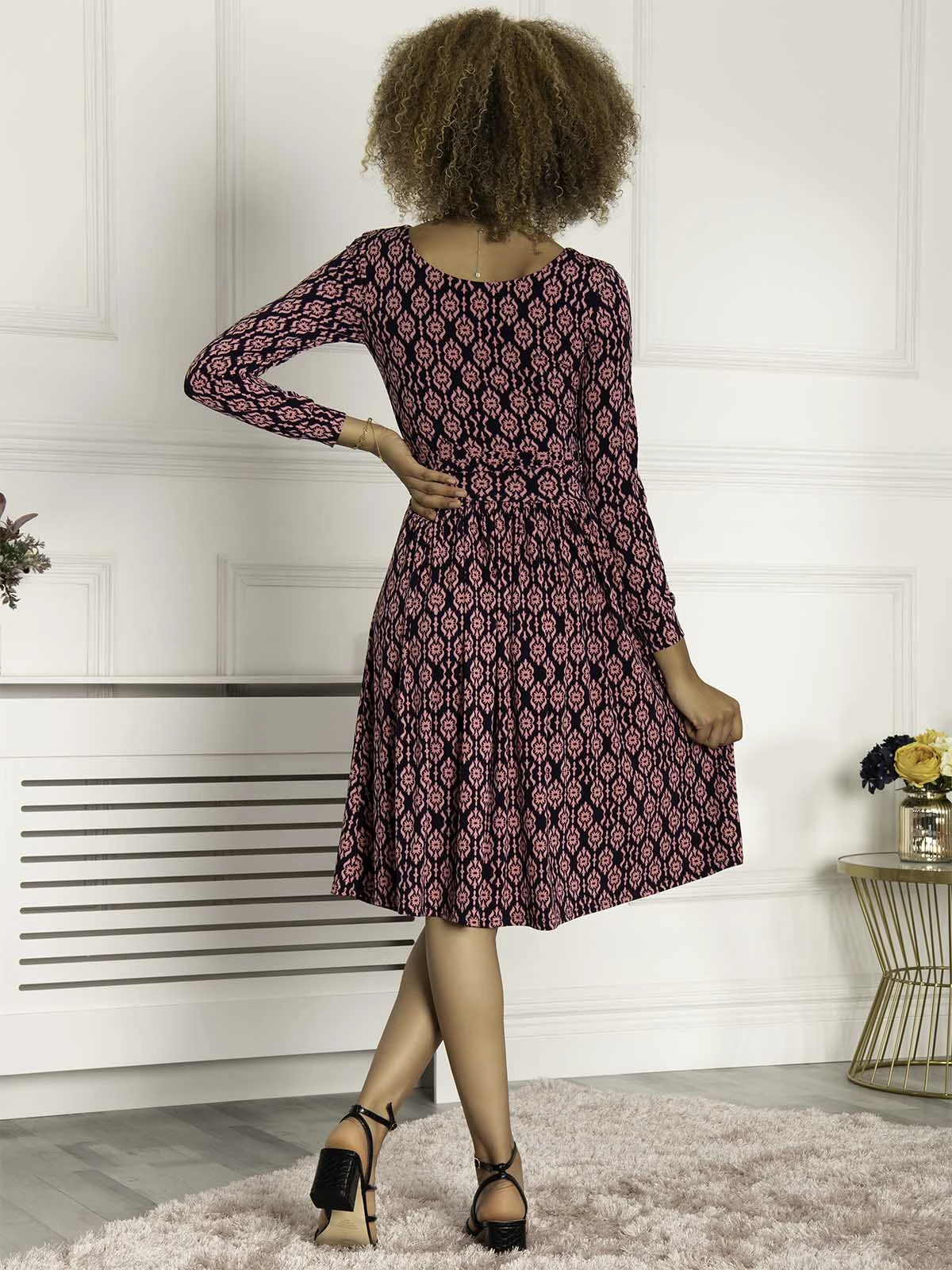 Kalani Long Sleeve Midi Dress, Navy Geo 2 Kalani Long Sleeve Midi Dress, Navy Geo - Image 2