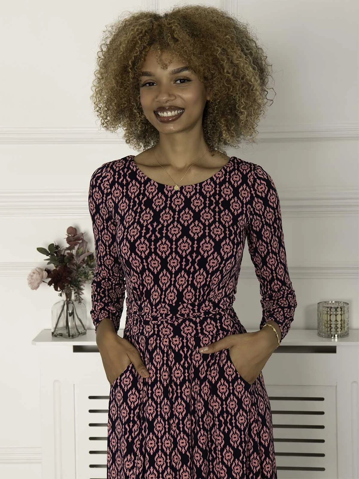 Kalani Long Sleeve Midi Dress, Navy Geo 5 Kalani Long Sleeve Midi Dress, Navy Geo - Image 5