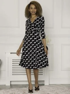 Jolie Moi Petra 3/4 Sleeve Ruched Dress, Black Geo -DORIA Clothing Shop 322 2101 BlackGeo 2