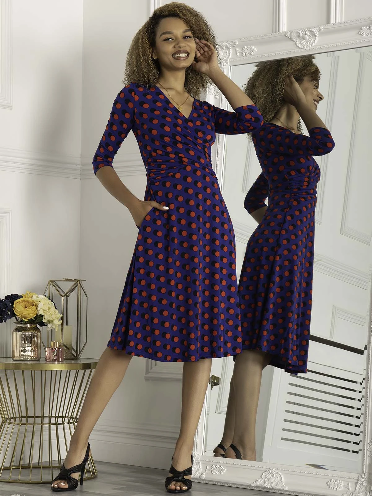 Jolie Moi Petra 3/4 Sleeve Ruched Dress, Blue Polka 3 Jolie Moi Petra 3/4 Sleeve Ruched Dress, Blue Polka - Image 3