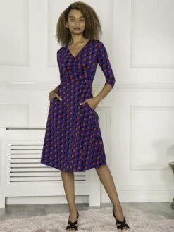 Jolie Moi Petra 3/4 Sleeve Ruched Dress, Blue Polka