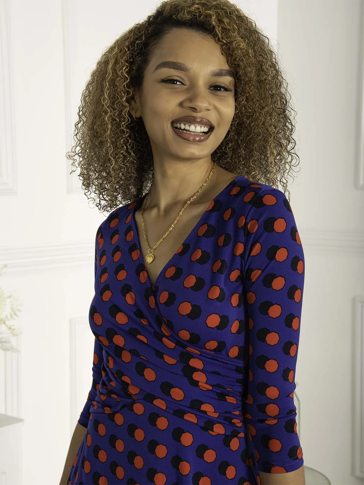 Jolie Moi Petra 3/4 Sleeve Ruched Dress, Blue Polka 5 Jolie Moi Petra 3/4 Sleeve Ruched Dress, Blue Polka - Image 5